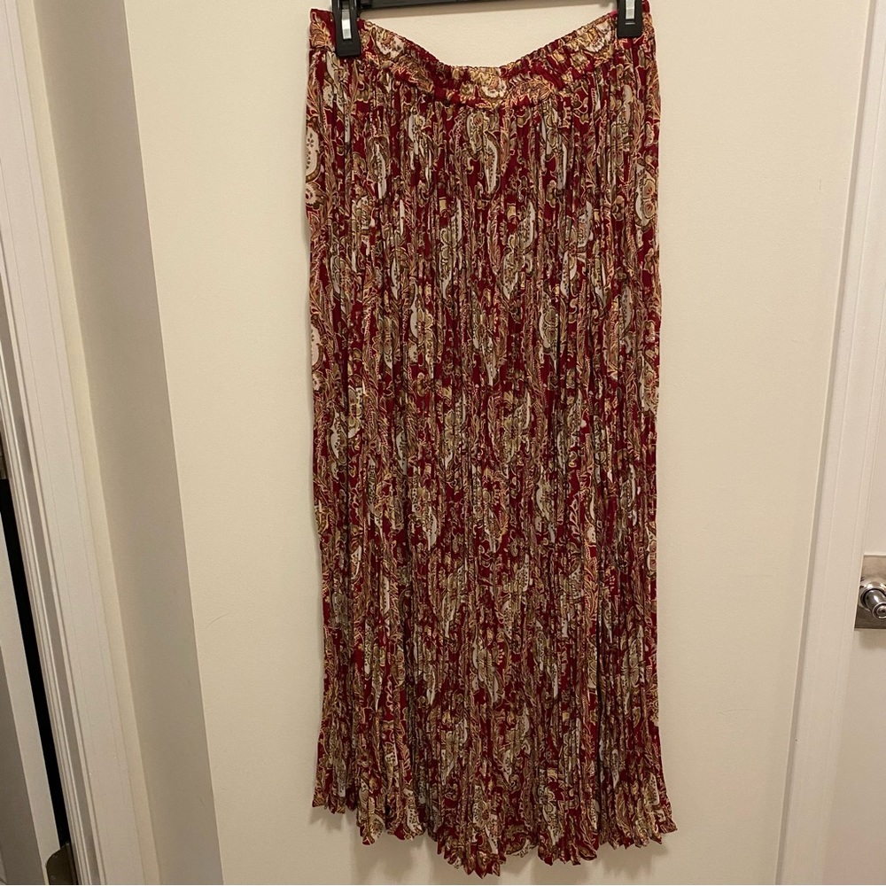 Rusty Red Multi Color Printed Pleated Long Size Large Skirt w/ Elastic Waist